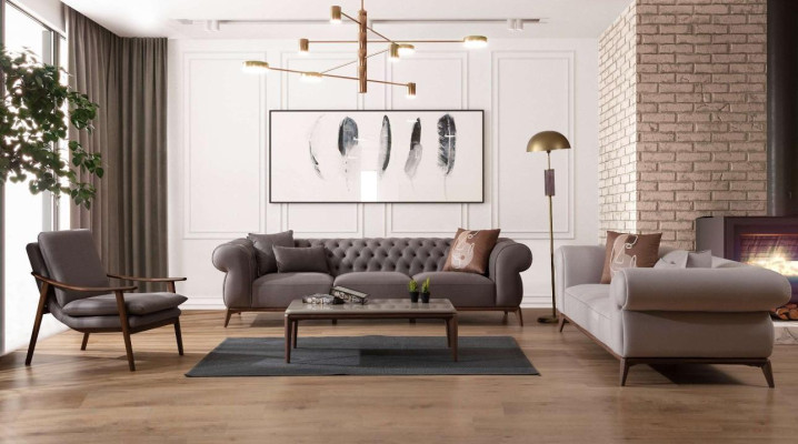 Gray living room sofa set luxury 4-seater designer 3-piece elegant armchair