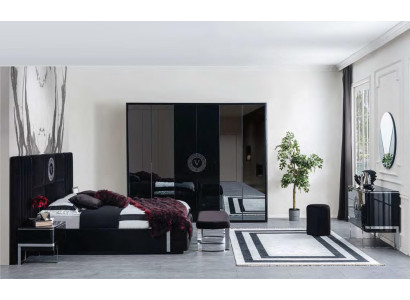 Large Black Bedroom Set Bed Nightstands Wardrobe 7-piece.