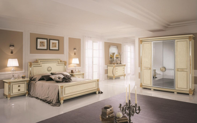Classic bedroom set bedside tables bed style wood bed Italian furniture 6 pieces