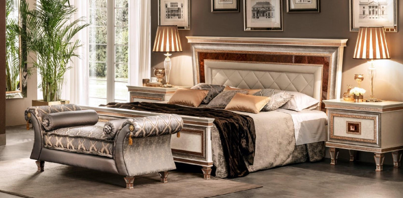 Luxury bedroom set 4-piece. Bed + 2x nightstand + chaise longue design couch.