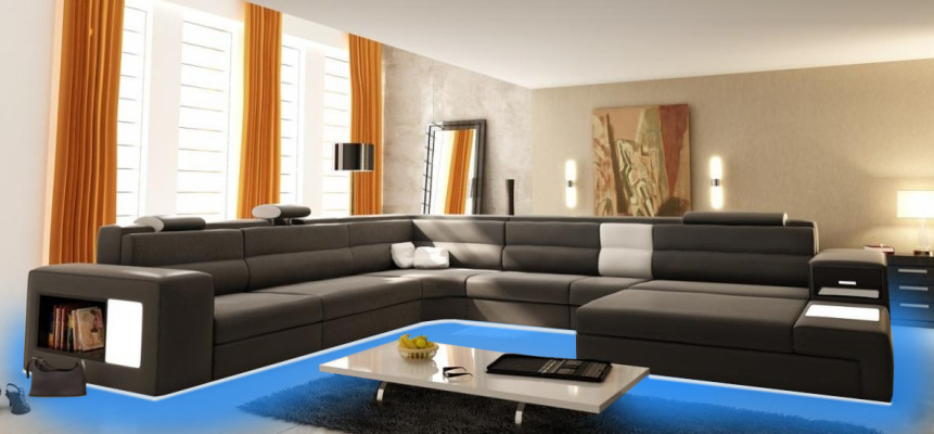 Design sofa couch seat leather corner upholstery suite living landscape corner sofa A1 blue