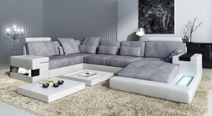 Corner sofa living landscape U-shape leather sofa couch upholstery fabric leather USB + LED
