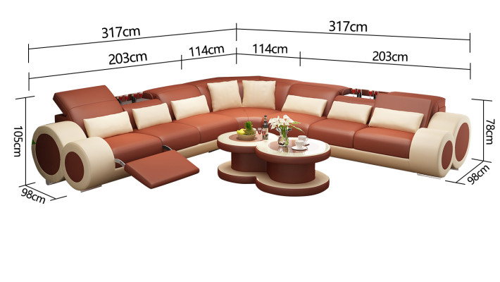 Designer sofa landscape with USB, large cushion leather sofas corner seat, black