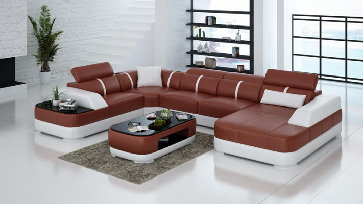 Designer landscape sofa with USB, large cushion leather sofas, corner seat, black