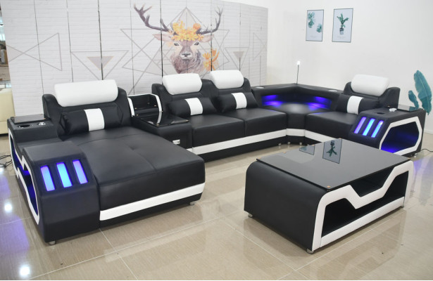 Leather sofa Sofa + coffee table Upholstered leather design corner sofa Couch living landscape