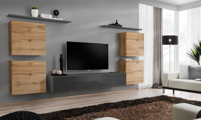 Wooden furniture wall unit living room gray wall shelf luxury furnishing new