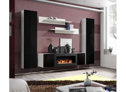 Living room wall unit TV stand with fireplace, designer wall shelves, wooden wall cabinet