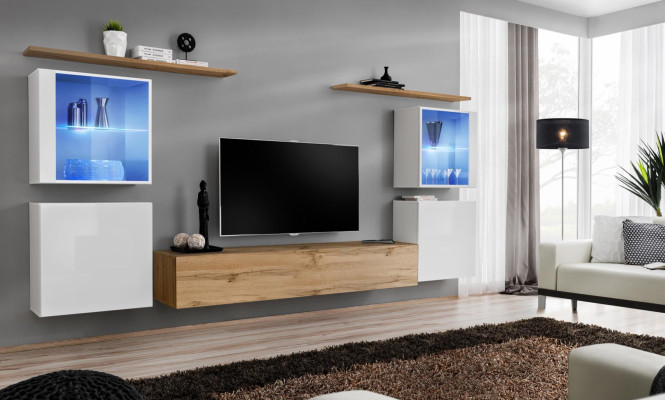 Complete Brown TV Stand Set, 4 pcs, Designer Living Room Furniture, Wall Shelves, Furniture