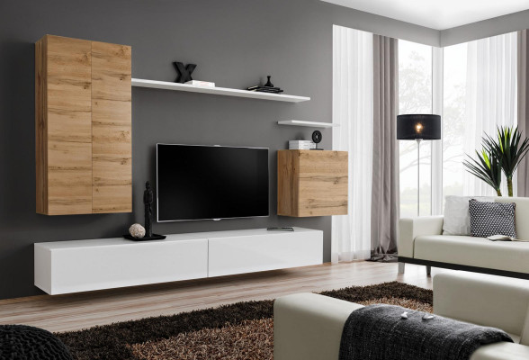 TV wall unit set design with shelves, living room furniture, wooden wall cabinet.