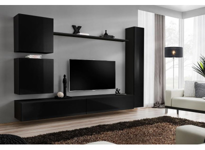 Luxury Black Living Room Wall Unit Designer Wall Cabinet Set 6 pcs Wooden Furniture Living Room Furniture