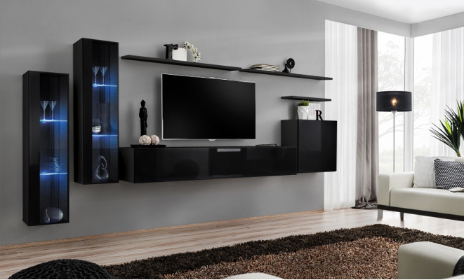 Black living room wall unit set, luxury wall shelf, display cabinet complete set.