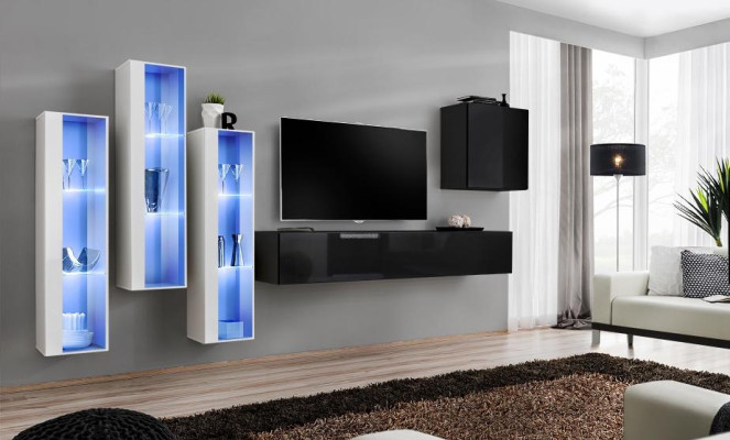 Black TV Stand Living Room Wall Unit Set 5-Piece Wall Cabinet Wooden Furniture Designer New