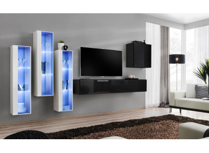 Black TV Stand Living Room Wall Unit Set 5-Piece Wall Cabinet Wooden Furniture Designer New