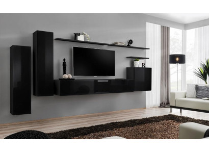 Complete Set 7-piece Black Wall Unit TV Stand Living Room Designer Wall Cabinet