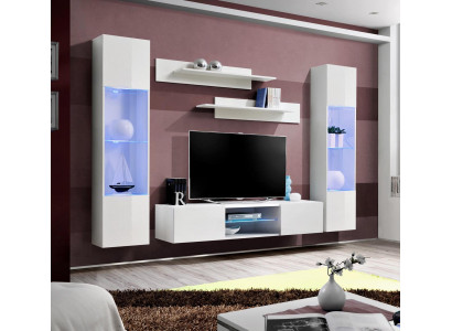 White living room wall unit with shelves, hanging showcase, complete living room designer