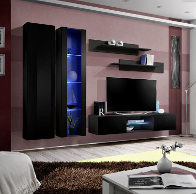 Living Room Complete Black Wall Unit Cabinet Hanging Display Cabinet New