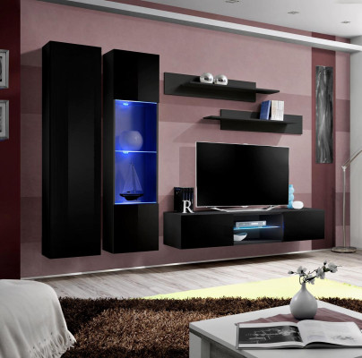 Black Complete Living Wall Living Room Hanging Display Cabinet Wall Cupboard New