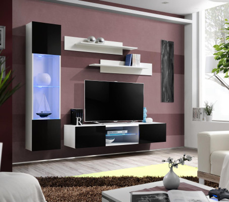 Wall unit set, 4-piece designer furniture, wall shelves, living room, hanging display case
