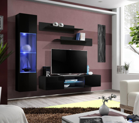 Black Living Room Luxury Wall Unit Hanging Display Cabinet Modern TV Stand Wood New