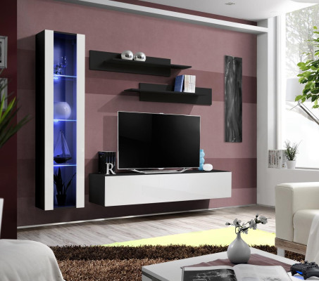Designer living room wall unit set, 4-piece, black, living room furniture, hanging display cabinet furnishing.