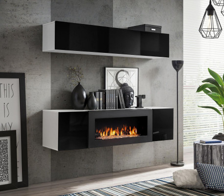 Black wall unit, hanging sideboard cabinet dresser 2-piece with fireplace high gloss