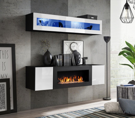 Wall unit set, 2-piece, sideboard with fireplace, cabinet, living room, high-gloss furniture, new