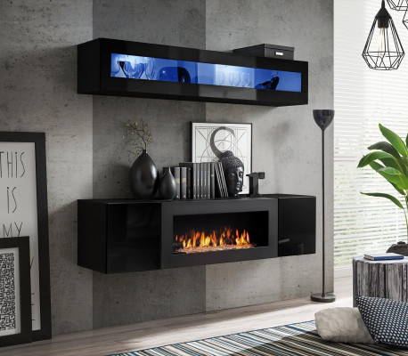 Living room wall unit set 2-piece. Living room sideboard with fireplace wooden cabinet new high gloss