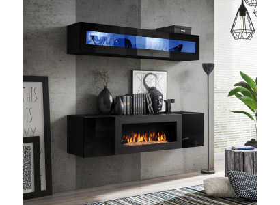 Living room wall unit set 2-piece. Living room sideboard with fireplace wooden cabinet new high gloss
