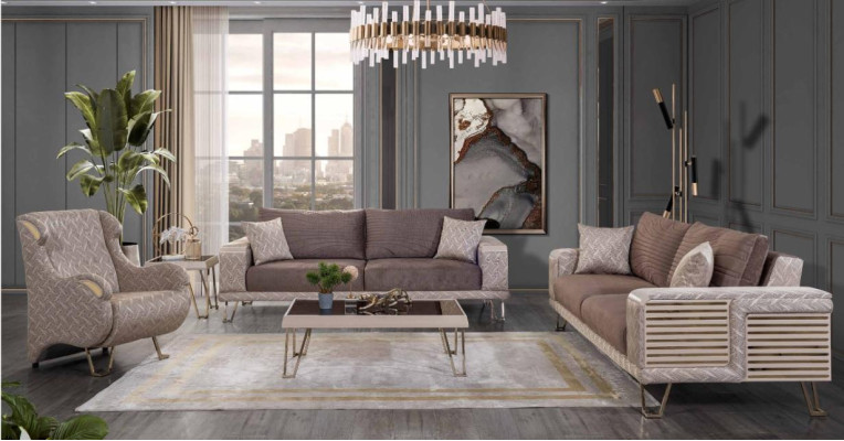 Brown-beige sofa set 3+3+1 seater designer coffee table side table
