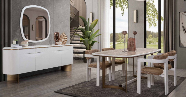 Dining room set dining table 4x chairs sideboard mirror modern set white dining set