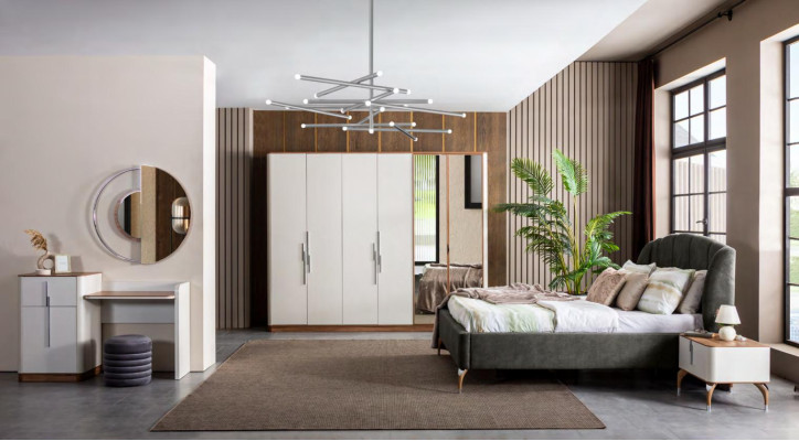 Modern bedroom set with bed, 2 nightstands, dressing table with mirror, wardrobe, new.