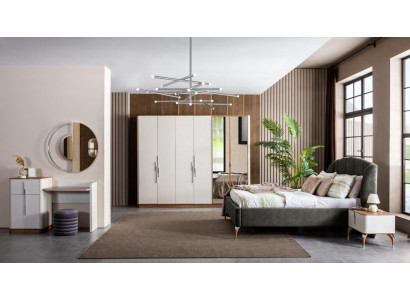 Modern bedroom set with bed, 2 nightstands, dressing table with mirror, wardrobe, new.