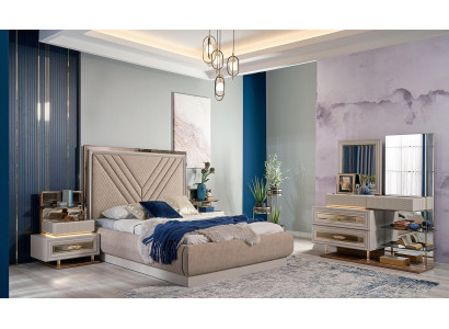 Double Bed Complete Bedroom Set Beige 4-Piece Wood Dressing Table