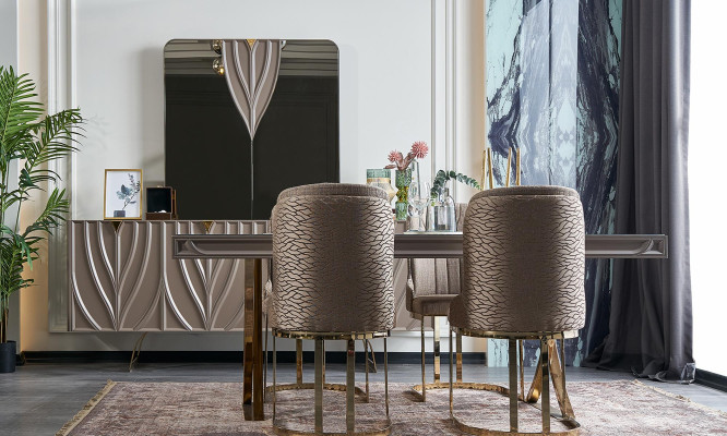 Dining table dining group dining area dining room wood brown set 7-piece chairs luxury