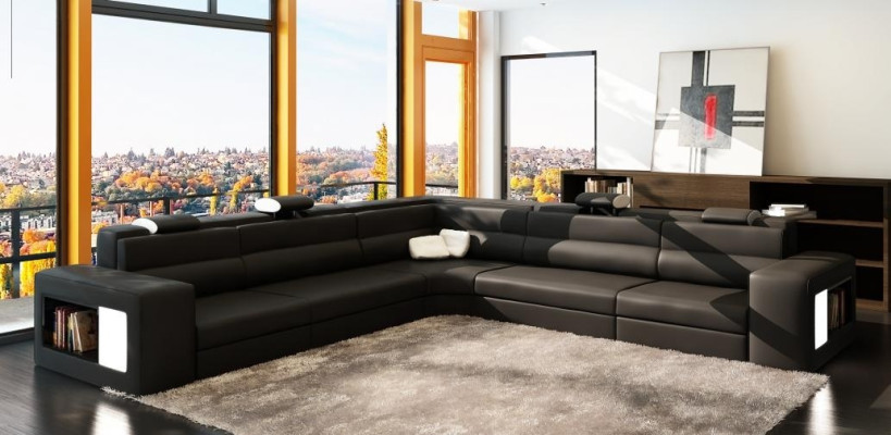 Leather sofa with USB, corner sofa seat upholstery XXL large (wicker) white living area
