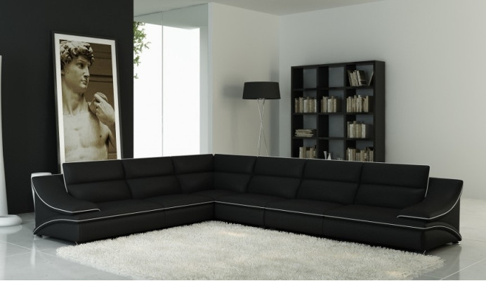 Designer sofa with a large seating area, upholstered in leather, corner seat, black