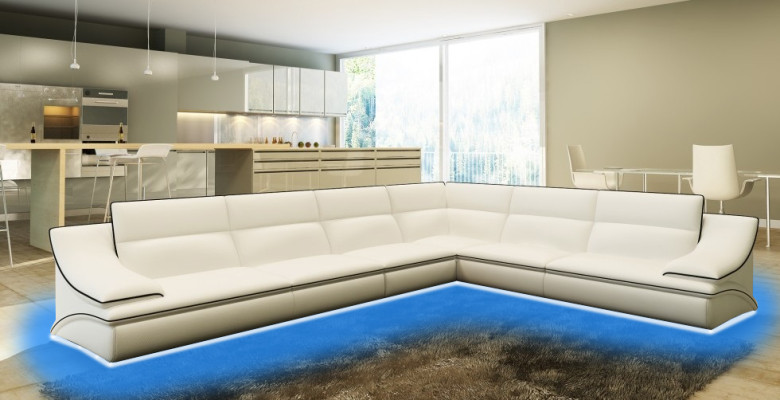 Designer sofa with a large seating area, upholstered in leather, corner seat, black