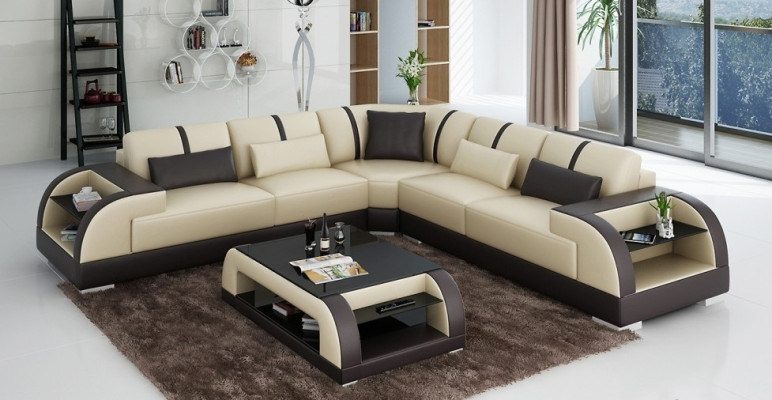 Design corner leather sofa couch upholstery set living landscape L shape modern beige