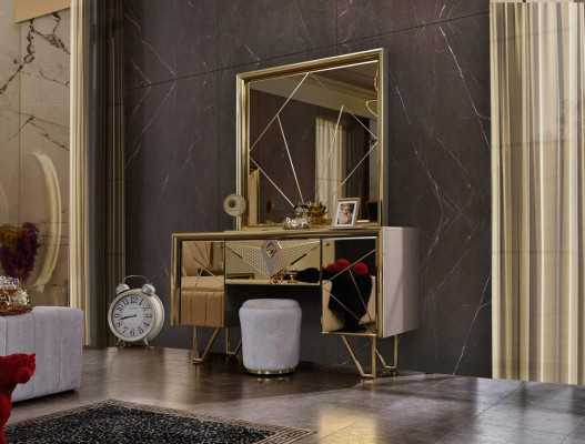 Bedroom set: bed, nightstands, dressing table with mirror in elegant Italian style in white color.