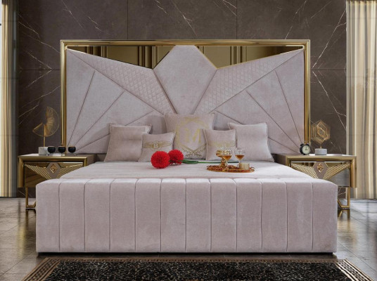 Bedroom set: bed, nightstands, dressing table with mirror in elegant Italian style in white color.