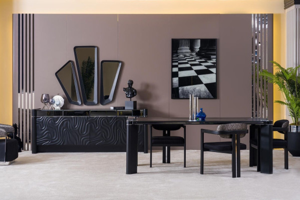 Black Dining Room Set Dining Table 6x Chairs Sideboard 3x Mirror Dining Group Luxury