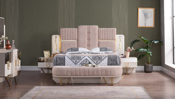 Luxury bedroom set 5-piece: bed, 2 bedside tables, wardrobe, bench modern
