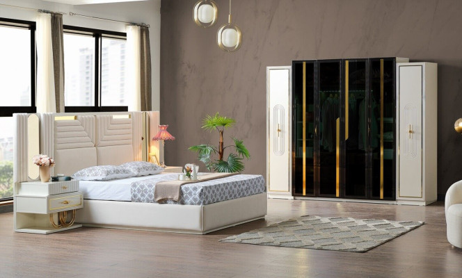 Modern bedroom set bed + 2x nightstands + wardrobe design furniture 4-piece