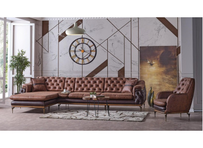 Brown L-Shaped Sofa Armchair Complete Living Room Set 2-Piece Luxury Brown