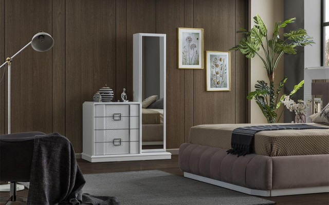 Modern bedroom set: bed + 2x nightstands + dresser with mirror luxury new
