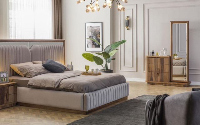 Modern bedroom set bed + 2x nightstands + dresser with modern mirror