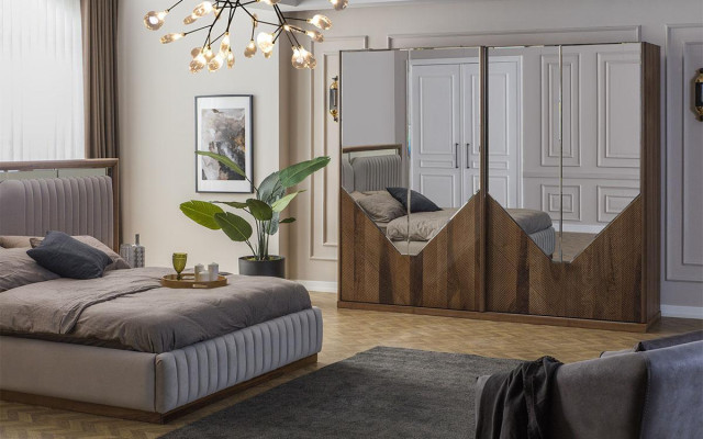 Luxury bedroom set bed + 2x nightstands + wardrobe modern complete