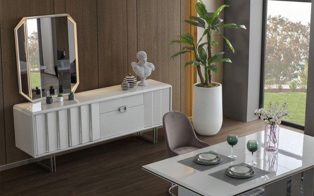 Luxury Dining Room Set: Dining Table + 6 Chairs + Sideboard with Mirror Modern Complete