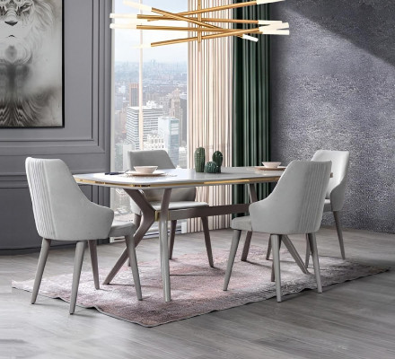 Modern dining table with 6 chairs, designer luxury dining room furniture, wooden dining set.