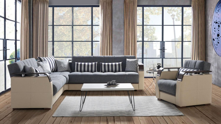 L-shaped sectional sofa + gray armchair complete living room set 2-piece luxury furniture